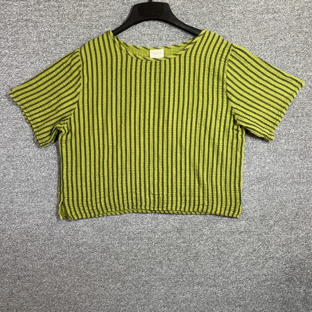 Curator SF Top Womens Green Striped Gauze Boxy Short Sleeve Made in SF L